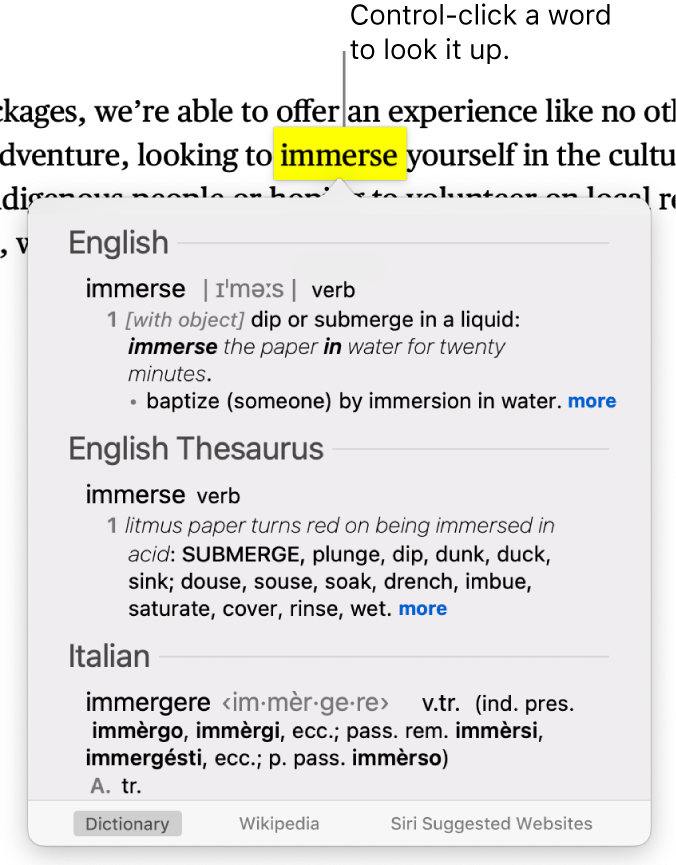 A paragraph with a word highlighted and a window showing its definition and a thesaurus entry. Buttons at the bottom of the window provide links to the dictionary, Wikipedia and Siri suggested websites.