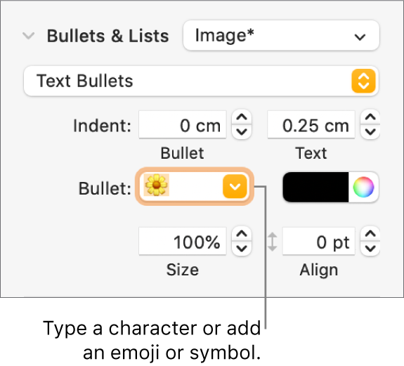 The Bullets & Lists section of the Format sidebar. The Bullet field shows a flower emoji.