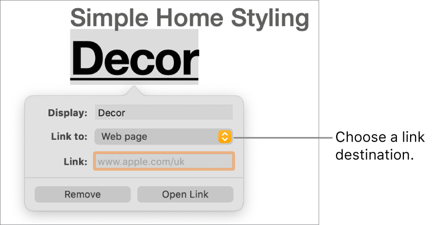 The link editor controls with a Display field, “Link to” pop-up menu (set to Web page) and Link field. The Remove button and Open Link button are at the bottom of the controls.