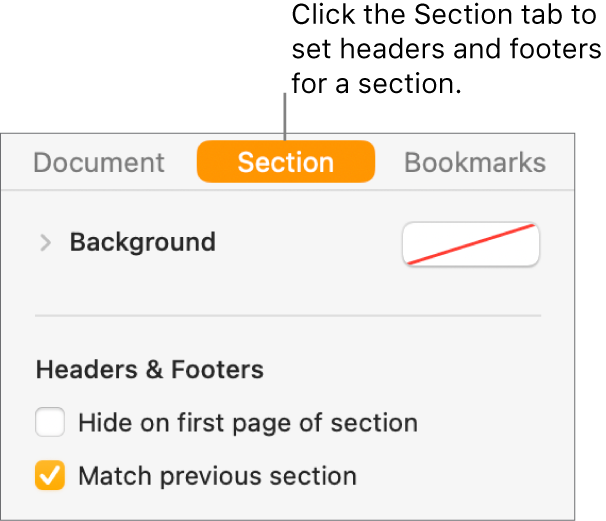 The Document sidebar with the Section tab at the top of the sidebar selected. The Headers & Footers section of the sidebar has checkboxes next to “Hide on first page of section” and “Match previous section.”