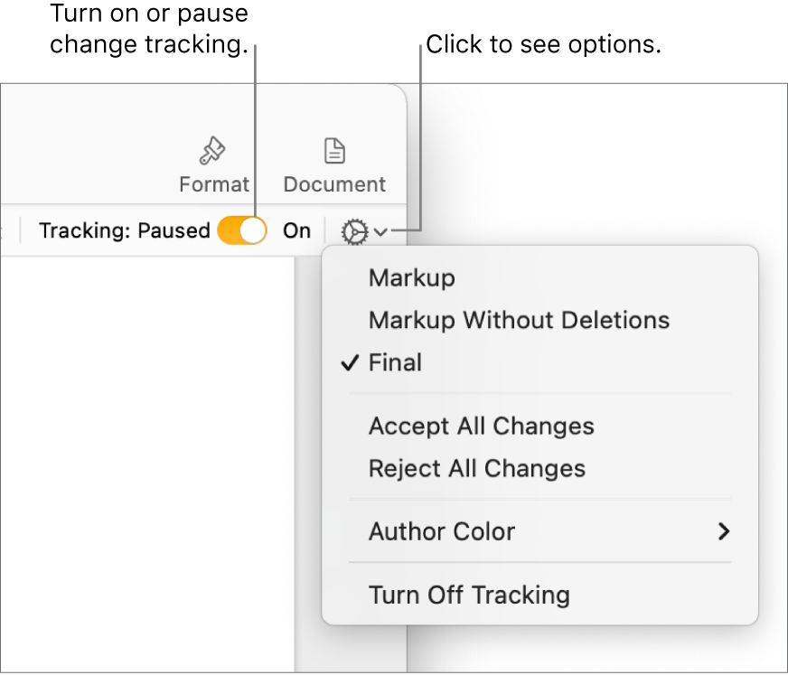 The tracking options menu showing Turn off Tracking at the bottom, and callouts to the Tracking On and Paused button.
