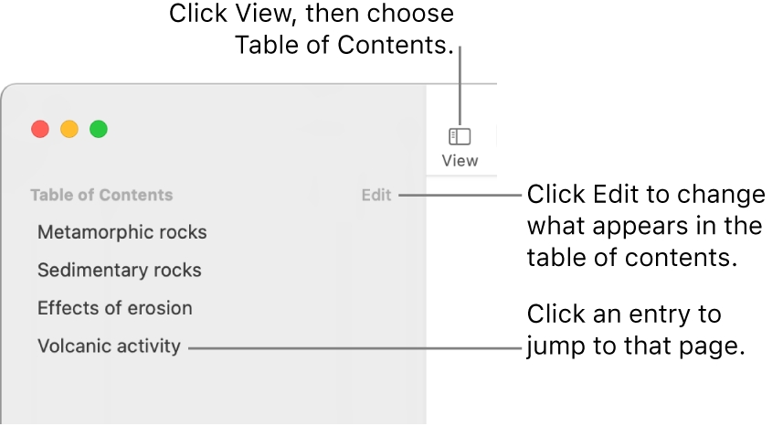 The table of contents on the left side of the Pages window with an Edit button at the top-right corner of the sidebar and table of contents entries in a list. The View button is in the top-left corner of the Pages toolbar, above the sidebar.