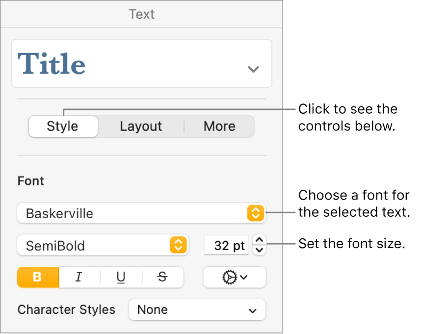 Text controls in the Style section of the Format sidebar to configure font and font size.