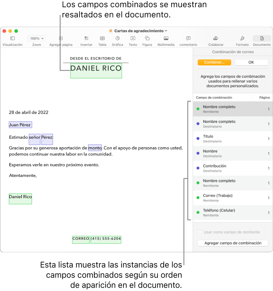 Documento de Pages con campos de combinación del remitente y del destinatario, y la lista de casos de campos de combinación visible en la barra lateral del documento.