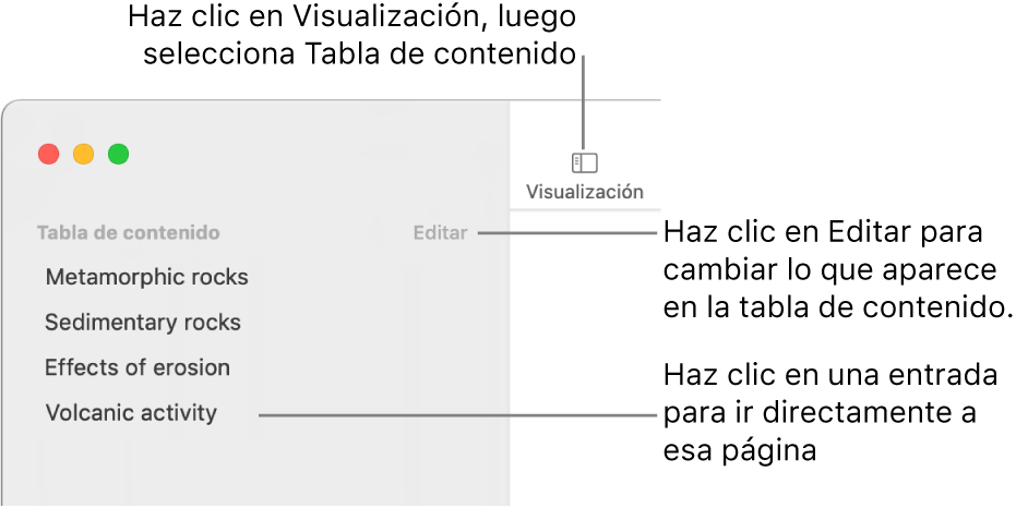 La tabla de contenido en el lado izquierdo de la ventana de Pages con un botón de Edición en la esquina superior derecha de la barra lateral y las entradas de la tabla de contenido en una lista.