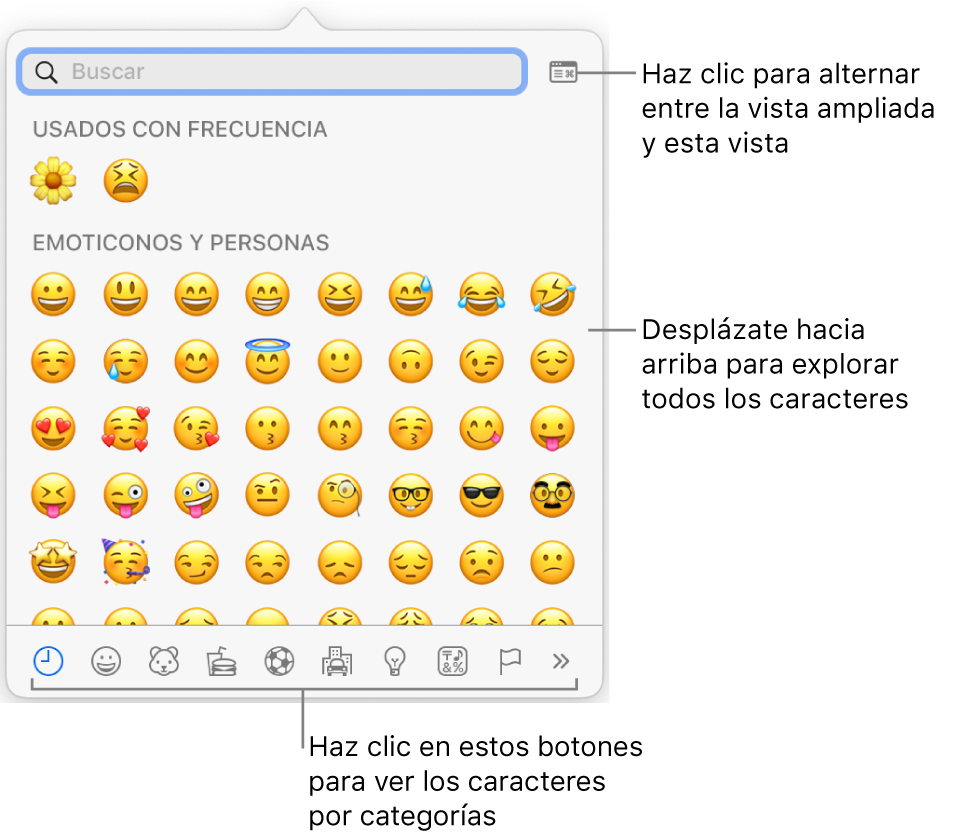 La ventana desplegable “Caracteres especiales” con emoticonos, botones para diferentes tipos de símbolos en la parte inferior y una llamada a un botón para mostrar la ventana Caracteres completa.