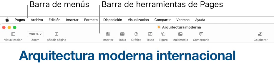 La barra de menús situada en la parte superior de la pantalla con los menús Apple, Pages, Archivo, Edición, Insertar, Formato, Disposición, Visualización, Compartir, Ventana y Ayuda. Debajo de la barra de menús hay un documento abierto de Pages con los botones Visualización, Zoom, “Añadir página”, Insertar, Tabla, Gráfica, Texto, Figura, Multimedia y Comentario de la barra de herramientas por la parte superior.