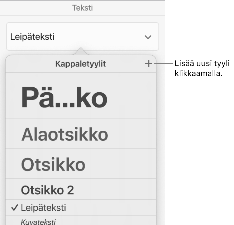 Kappaletyylit-valikko, jossa on Uusi tyyli -painikkeen selite.