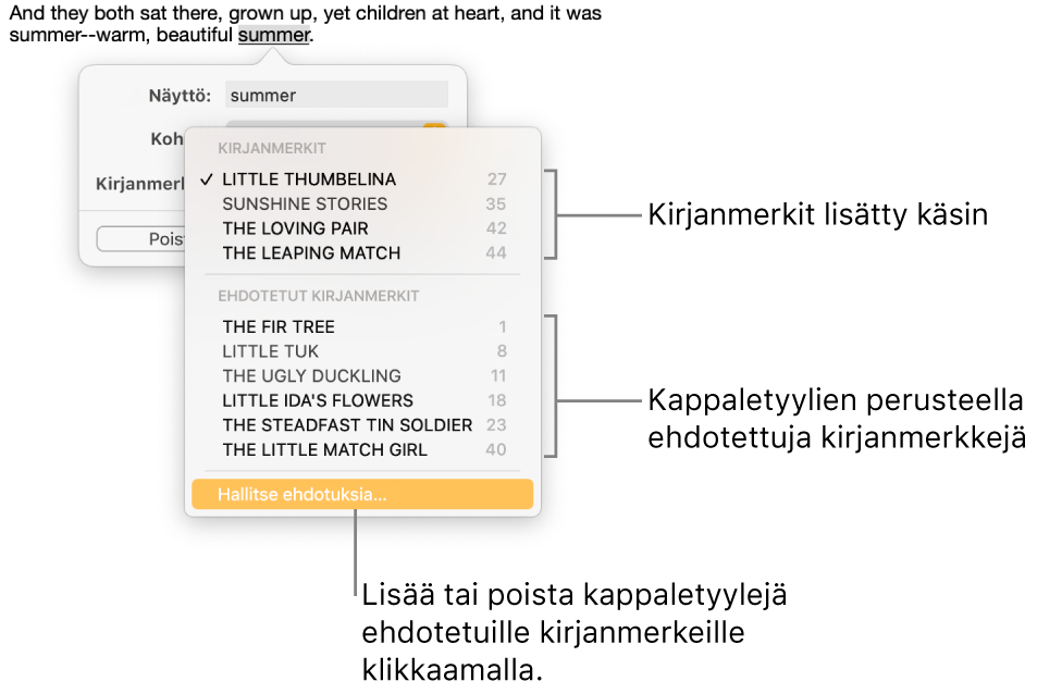 Kirjanmerkkiluettelo, jossa on ylhäällä käsin lisättyjä kirjanmerkkejä ja alhaalla ehdotettuja kirjanmerkkejä. Hallitse ehdotuksia -valinta on alareunassa.