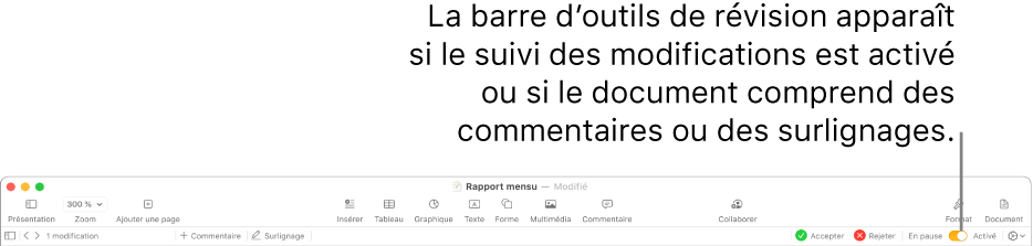 La barre d’outils de Pages avec le suivi des modifications activé et la barre d’outils de révision en dessous.