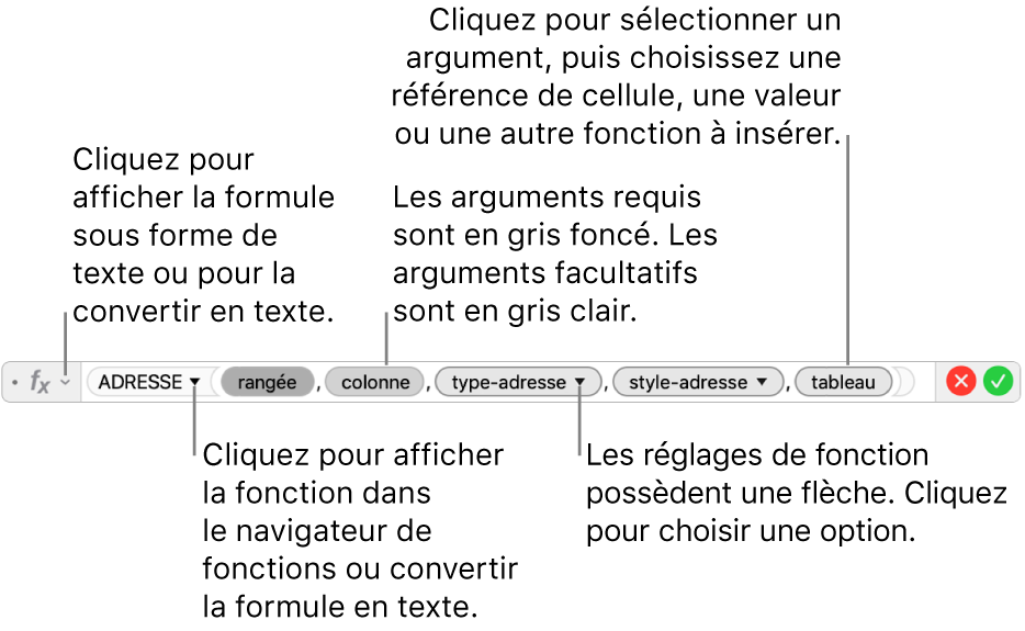 Éditeur de formule affichant la fonction ADRESSE et les jetons d’argument correspondants.