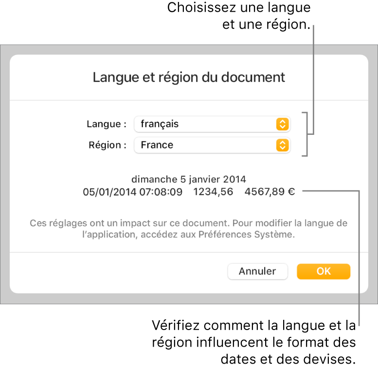 Sous-fenêtre Langue et région avec les commandes pour la langue et la région, et un exemple du format qui comprend la date, l’heure, les décimales et la devise.