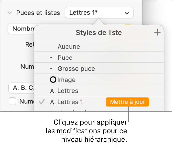 Menu contextuel Styles de liste avec un bouton Mettre à jour situé à côté du nom du nouveau style.