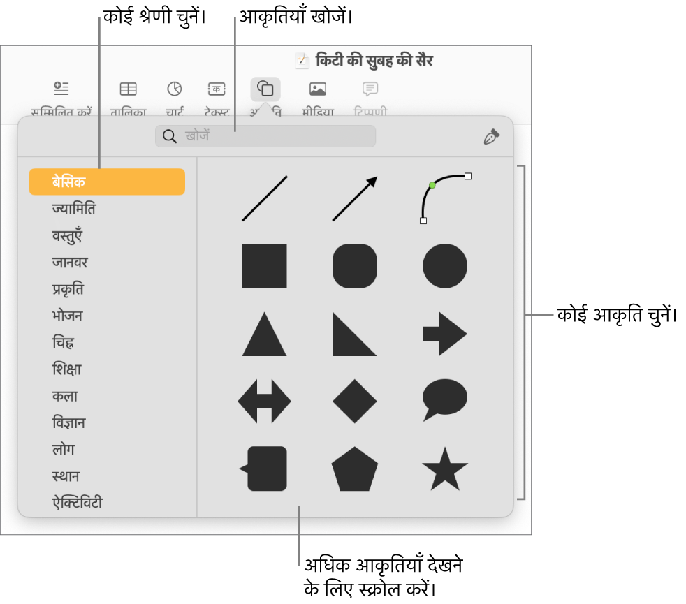 बाईं ओर सूचीबद्ध श्रेणियाँ और दाईं ओर प्रदर्शित आकृतियों के साथ आकृतियाँ लाइब्रेरी। आप आकृति ढूँढने के लिए शीर्ष पर स्थित "खोजें" फ़ील्ड का उपयोग कर सकते हैं और अधिक देखने के लिए स्क्रॉल कर सकते हैं।
