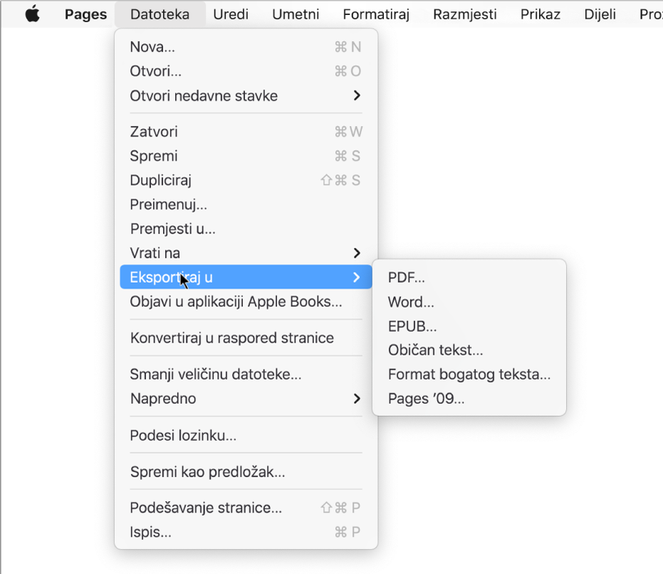 Izbornik Datoteka otvoren s odabranom opcijom “Eksportiraj u”, te s podizbornikom u kojem se prikazuju mogućnosti eksportiranja za formate PDF, Word, Običan tekst, Format bogatog teksta, EPUB i Pages ’09.