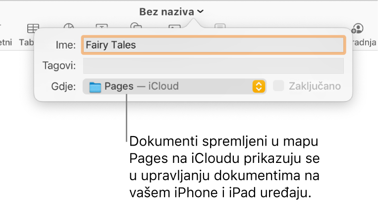 Dijaloški okvir Spremi za dokument s aplikacijom Pages – iCloud u skočnom izborniku Gdje.