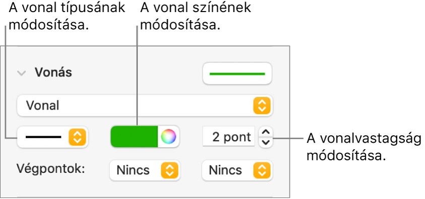 A végpontok, a vonalvastagság és a szín vonásvezérlői.