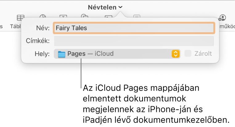 A Mentés párbeszédpanel Pages – iCloud dokumentum esetében a Hely előugró menüben.