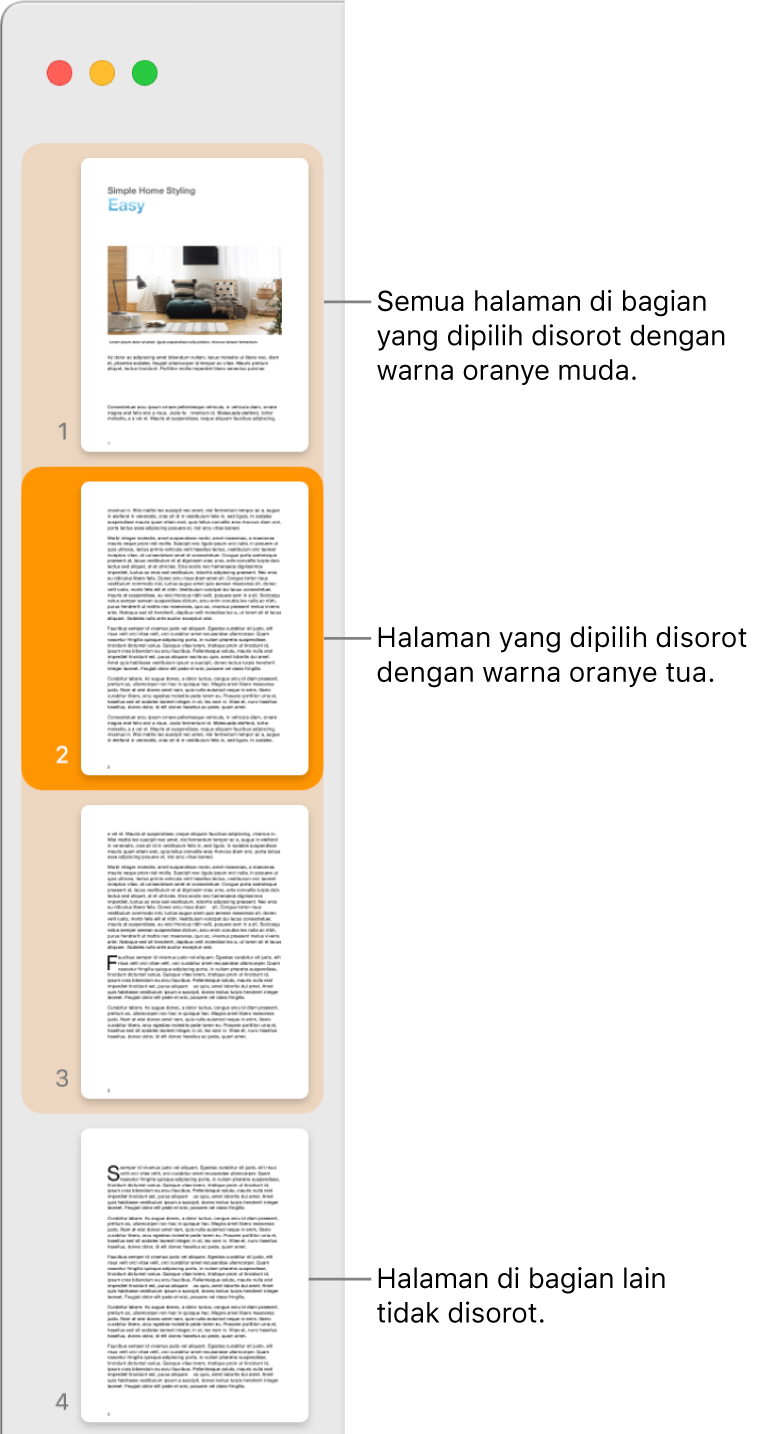 Bar samping Tampilan Gambar Mini dengan halaman yang dipilih disorot dalam oranye gelap dan semua halaman di bagian yang dipilih disorot dalam oranye terang.