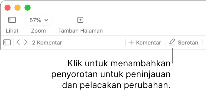 Bar menu menampilkan menu Sisipkan dan di bagian bawahnya, terdapat bar alat Pages dengan alat tinjauan dan keterangan pada tombol Sorot.
