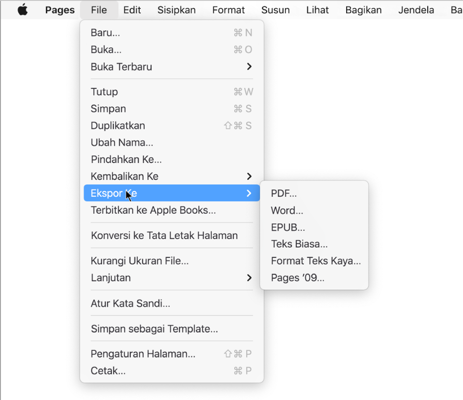 Menu File terbuka dengan Ekspor Ke dipilih, dengan submenu yang menampilkan pilihan ekspor untuk PDF, Word, Teks Biasa, Format Teks Kaya, EPUB, dan Pages ’09.