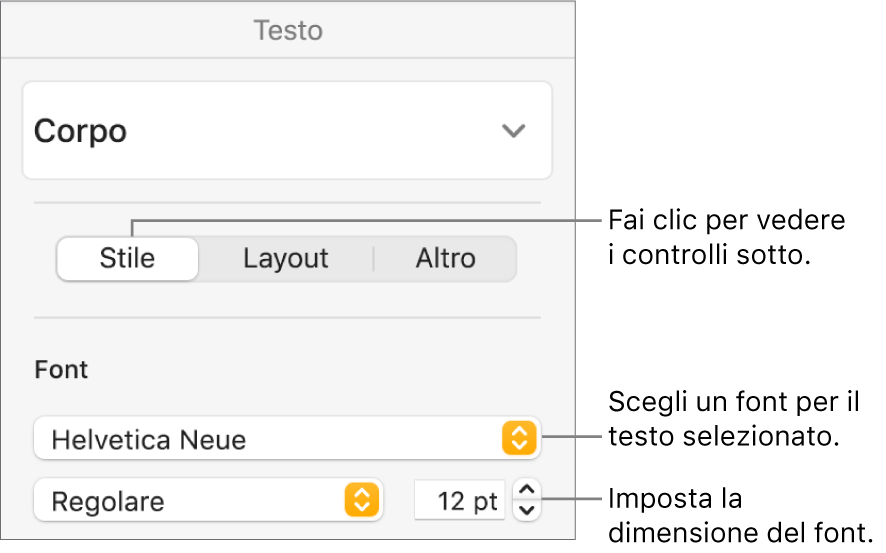 Controlli del testo nella sezione Stile della barra laterale Formattazione per impostare font e dimensioni del font.