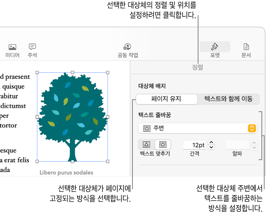 정렬 사이드바가 표시된 포맷 메뉴. 정렬 사이드바 상단에 대상체 배치 설정이 있으며 그 아래에는 텍스트 줄바꿈 설정이 있음.