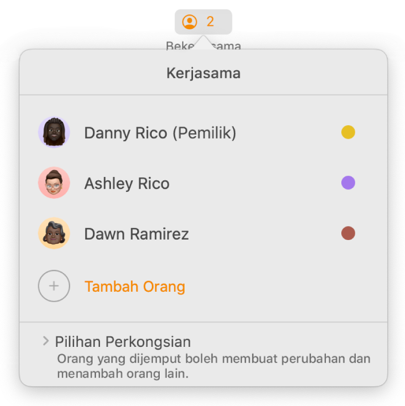 Menu Kerjasama menunjukkan nama orang yang bekerjasama pada dokumen. Pilihan berkongsi adalah di bawah nama.