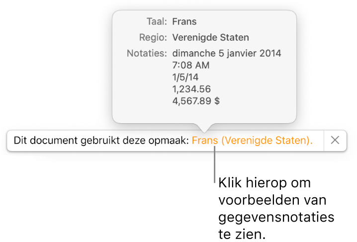 De melding van de afwijkende taal en regio, met voorbeelden van de opmaak in die taal en voor die regio.