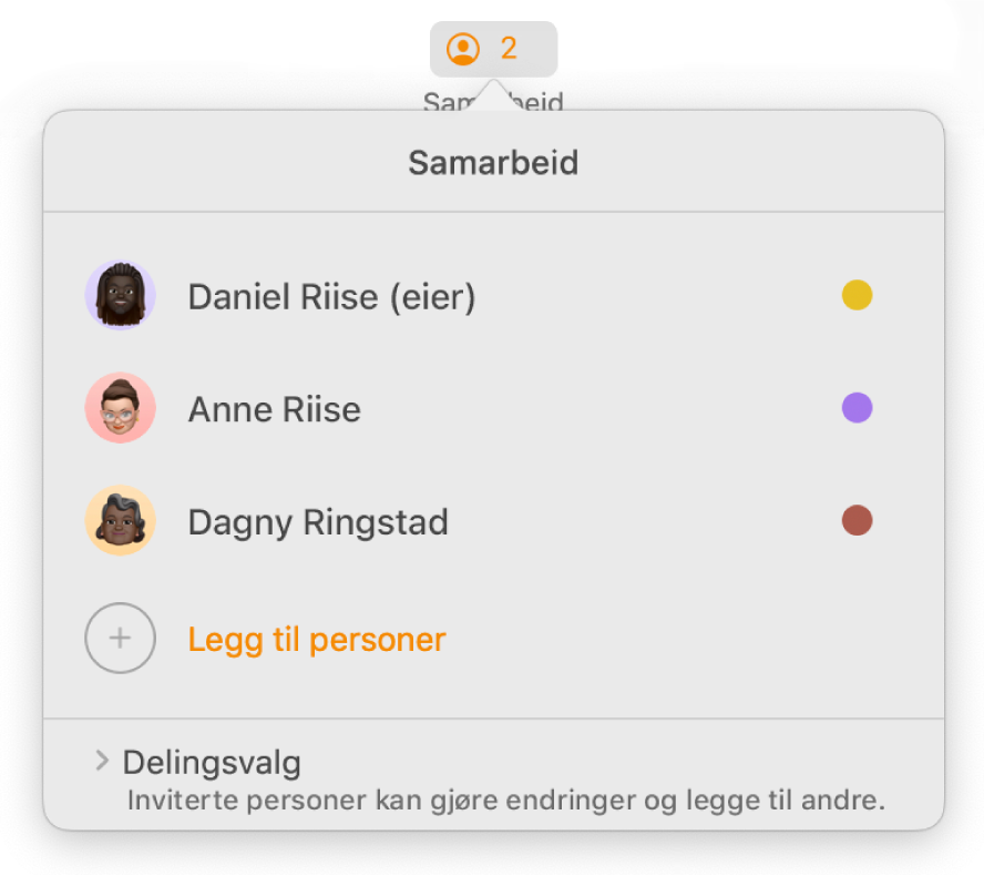 Samarbeid-menyen som viser navnene til personer som samarbeider om dokumentet. Delingsvalg er under navnene.