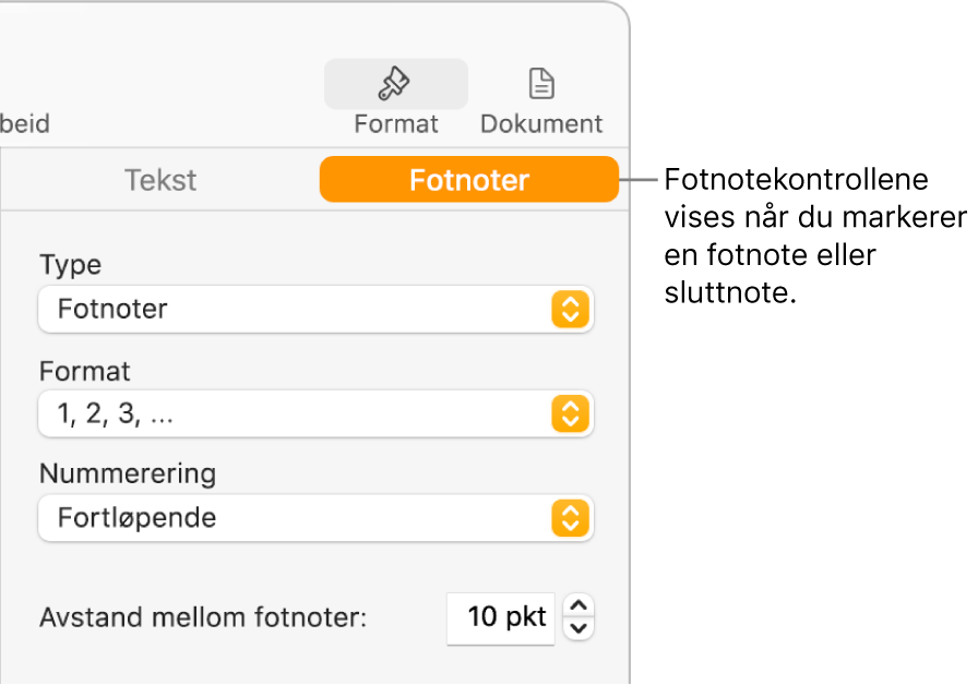 Fotnoter-panelet, som viser lokalmenyer for Type, Format, Nummerering og avstand mellom noter.