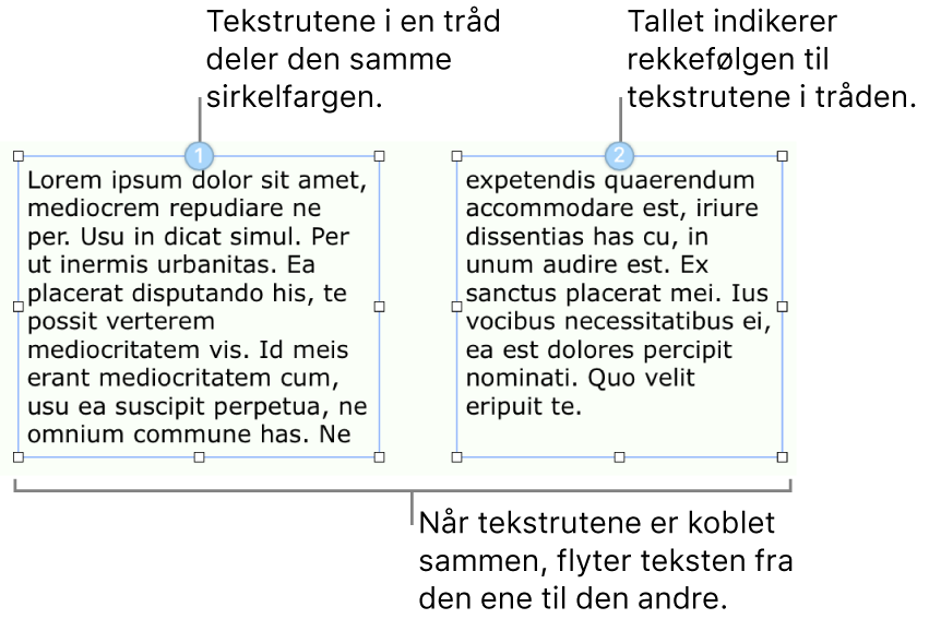 To tekstruter med blå sirkler øverst og numrene 1 og 2 inni sirklene.