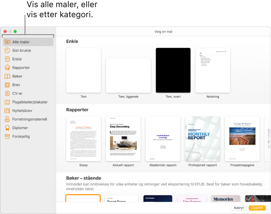 Malvelgeren. Et sidepanel til venstre viser malkategorier som du kan klikke på for å filtrere valg. Til høyre vises miniatyrbilder av forhåndsdesignede maler arrangert i rader etter kategori, med Enkel øverst, etterfulgt av Rapporter og Bøker – stående. Språk og område-lokalmenyen er nederst til venstre, og Avbryt- og Velg-knappene er nederst til høyre.