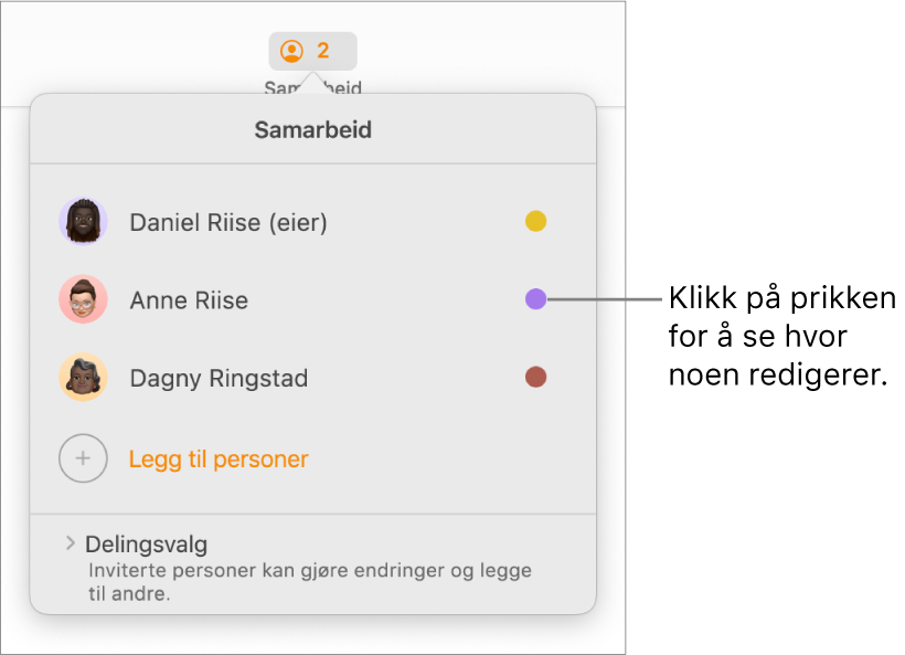 Deltakerlisten med tre deltakere og prikker med ulike farger til høyre for hvert navn.