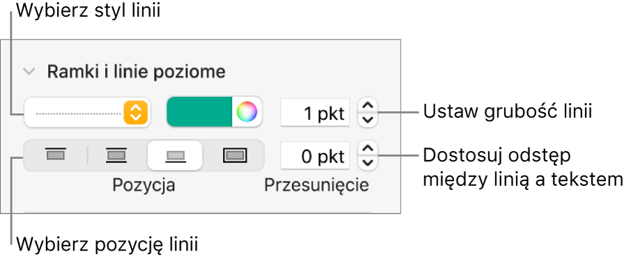 Narzędzia zmieniania stylu, grubości, pozycji i koloru linii.