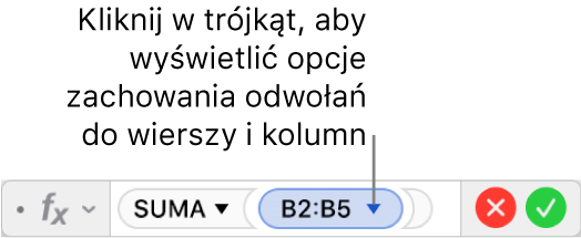 Edytor formuł pokazujący sposób zachowania wiersza i kolumny w odwołaniu do zakresu.