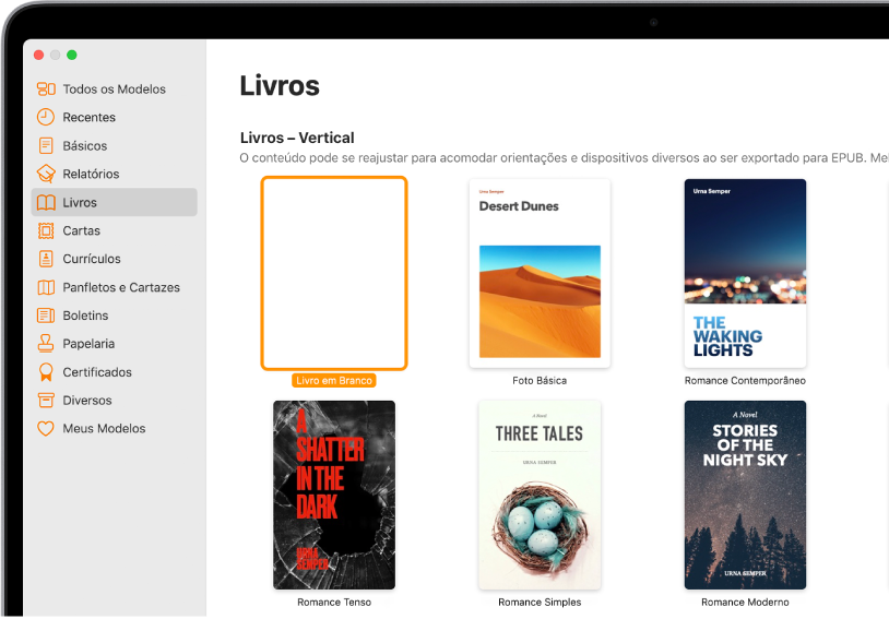 Seletor de modelos com Livros selecionado na lista de categorias à esquerda e modelos de livros na orientação vertical à direita.