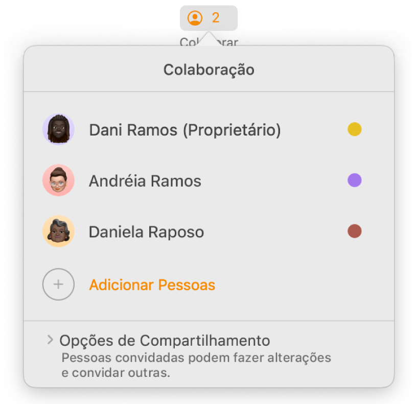 Menu Colaboração mostrando os nomes das pessoas que estão colaborando no documento. As opções de compartilhamento se encontram abaixo dos nomes.