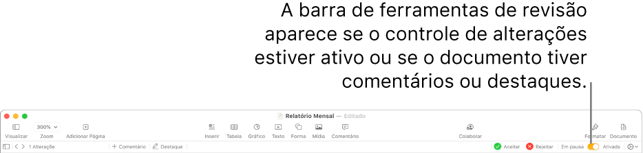 A barra de ferramentas do Pages com o controle de alterações ativado, e a barra de ferramentas de revisão abaixo da barra de ferramentas do Pages.