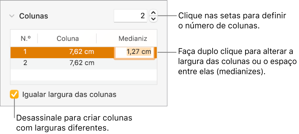 Painel Disposição do inspetor de formatação, a mostrar os controlos das colunas.