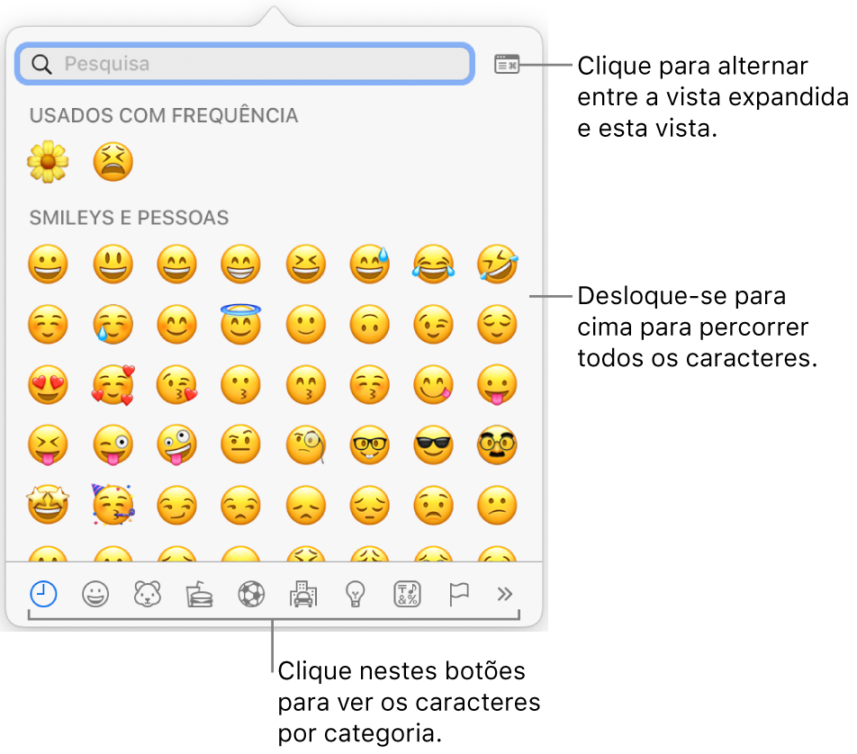 O pop-up “Caracteres especiais” com ícones expressivos, botões para diferentes tipos de símbolos na parte inferior e um destaque para um botão para mostrar a janela Caracteres completa.