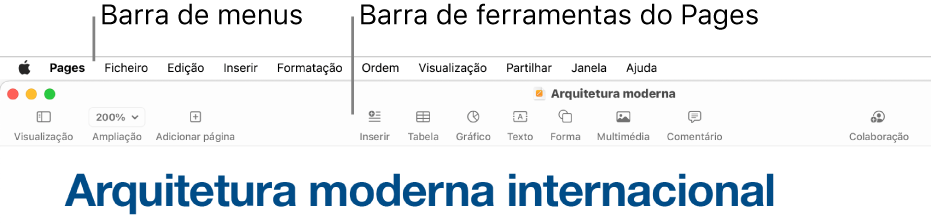 A barra de menus na parte superior do ecrã com os menus Apple, Pages, Ficheiro, Edição, Inserir, Formatação, Organização, Visualização, Partilhar, Janela e Ajuda. Por baixo da barra de menus encontra-se um documento aberto do Pages com os botões da barra de ferramentas na parte superior para Visualização, Ampliação, Adicionar página, Inserir, Tabela, Gráfico, Texto, Forma, Multimédia e Comentário.