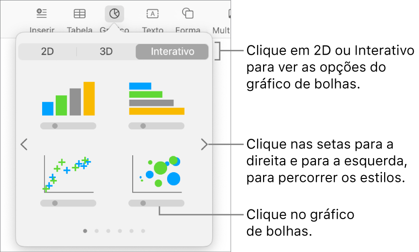 O menu “Adicionar gráfico” a mostrar gráficos interativos, incluindo uma opção de gráfico de bolhas.