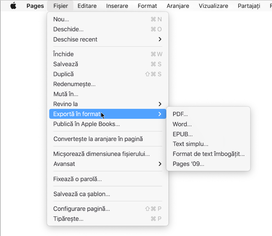 Meniul Fișier deschis, având selectată opțiunea Exportă în, cu submeniul afișând opțiuni de export pentru PDF, Word, text simplu, format de text îmbogățit (RTF), EPUB și Pages ’09.