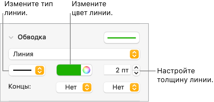 Элементы управления обводкой для задания конечных точек, толщины и цвета линий.