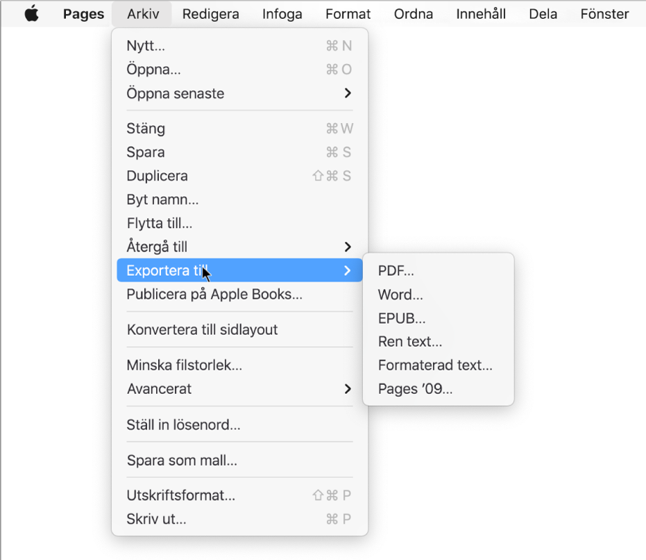 Arkiv-menyn med Exportera till markerat och dess undermeny med exportalternativ för PDF, Word, ren text, formaterad text, EPUB och Pages ’09.