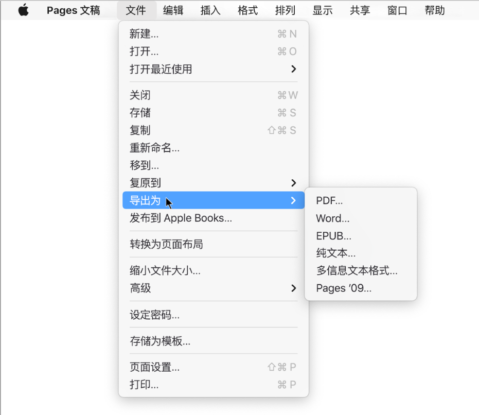 打开的“文件”菜单，其中“导入到”被选定，且其子菜单显示“PDF”、“Word”、“纯文本”、“多信息文本格式”、“EPUB”和“Pages ’09”导出选项。