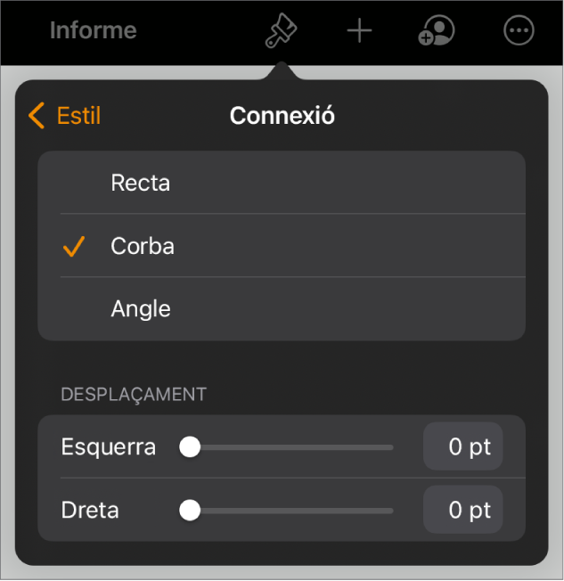 Els controls Connexió amb l'opció Corba seleccionada.