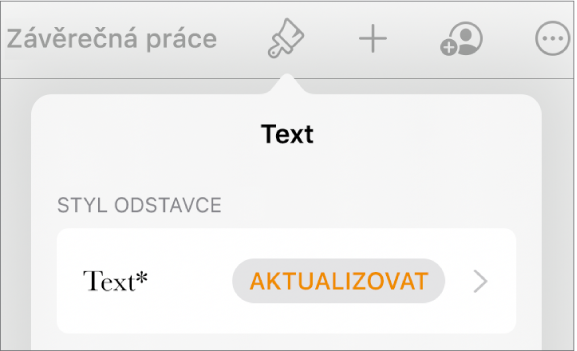 Styl odstavce Hlavní text s hvězdičkou; napravo je tlačítko Aktualizovat