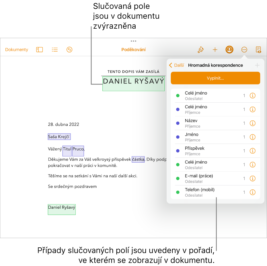 Dokument Pages s poli hromadné korespondence pro příjemce a odesílatele; na bočním panelu Dokument je vidět seznam instancí polí hromadné korespondence